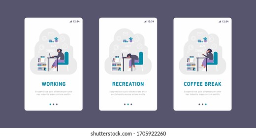 A freelance developer sitting on the clock hands with a laptop. Time management, productivity, efficiency, work rate, perfomance concept, violet palette. Mobile UI UX app interface template.