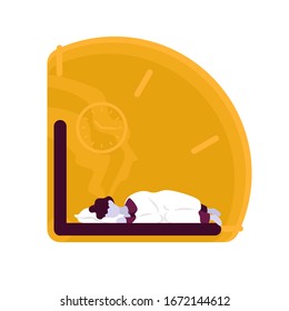 Freelance developer sleeping on the hour hand. He is looking through binoculars. Color vector flat cartoon illustration. Clock background. Concept of time management