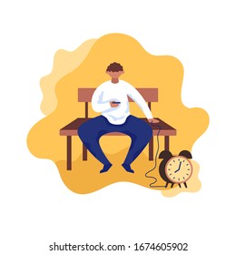 Freelance developer waiking the alarm clock. Front view. Color vector flat cartoon illustration. Clock background. Concept of time management