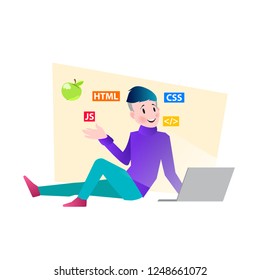 Freelance developer working on a laptop. Vector illustration in modern flat style isolated on white background.
