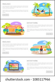 Freelance and distant job web pages templates set. People work on tropical beaches in summer. Modern way right on beach vector illustrations