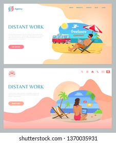 Freelance and distant online work set, people sitting on sand, using laptop on beach, ocean view. Freelancers and wireless device, summer vector. Website or webpage template, landing page flat style