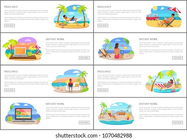 Freelance and distant work Internet banners set. Young people in swimwear relax on beach and work on laptop web pages templates vector illustrations.
