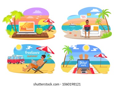 Freelance and distant work, man sitting on sofa with laptop, distant work and freelance at seaside, palms and hot sand isolated on vector illustration