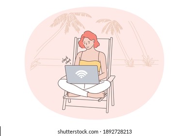 Freelance, distant work, Online communication concept. Young smiling woman cartoon character sitting on beach with laptop and typing on keyboard working from distance as author