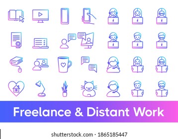 Freelance and distant work vector icons set for freelancers, online business, education, distant work, call center, help desk. Trendy color gradient. Minimalist line art. Colorful linear icons.