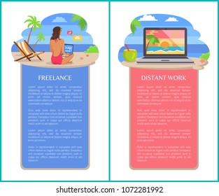 Freelance and distant work vertical banners. Woman that works on beach and open laptop beside coconut cocktail vector illustrations with sample text.