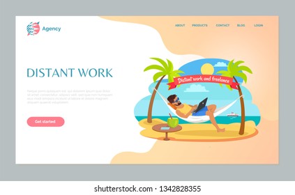 Freelance or distant work webpage, man in sunglasses lying on hammock with laptop, table with tropical cocktail and phone, freelancer on beach vector. Website template, landing page flat style