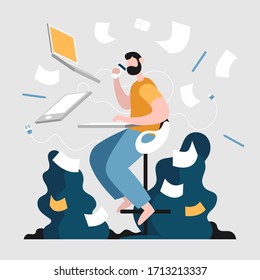 Freelance does several things at once time  Looking at the laptop  talking and colleagues in video conference   drink coffee  Color vector flat cartoon icon  For online communication  Stay home