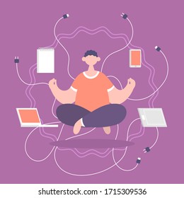 Freelance does several things at once time  Looking at the laptop  writes in notebook  sitting in lotus position  Color vector flat cartoon icon  For online communication  Stay home