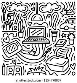 Freelance doodle illustration. Work in the cafe in the morning. Small business concept. Stock vector