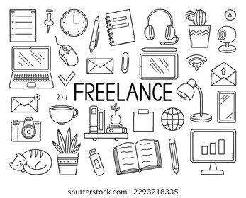 Freelance doodle set. Home office in sketch style. Work from home concept. Hand drawn vector illustration isolated on white background.