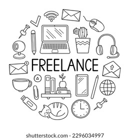 Freelance doodle set. Home office in sketch style. Work from home concept. Hand drawn vector illustration isolated on white background.