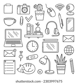 Freelance doodle set. Home office in sketch style. Work from home concept. Hand drawn vector illustration isolated on white background.