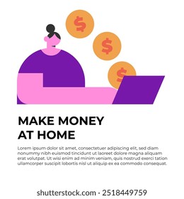 Freelance, ganhar dinheiro em casa, ganhar dinheiro online, sucesso, trabalho remoto. Menina Freelancer trabalhando de casa em laptop. Ilustração de vetor plano.