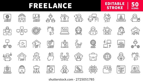 Conjunto de ícones de linha editável Freelance. símbolos remotos e de trabalho