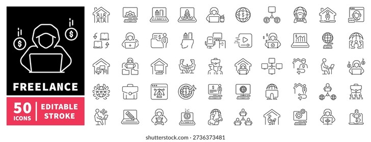 Freelance editable line icons set: remote, work, digital tools