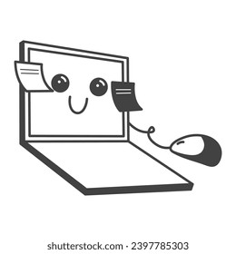 Freelance element of set in black line design. An illustration in black outline feature a laptop, highlighting the central tool for freelancers. Vector illustration.