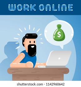 Freelance Employee Is Getting Paid Online. Internet Casino Gambling Game Winner Gets Bag Of Money With Dollar Sign Flat Vector Art Design Illustration