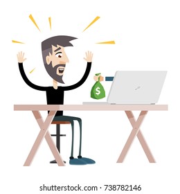 Freelance Employee is Getting Paid Online. Internet Casino Gambling Game Winner Gets Bag of Money with Dollar Sign Vector Art Design Illustration.