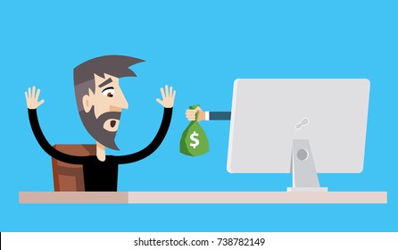 Freelance Employee Is Getting Paid Online. Internet Casino Gambling Game Winner Gets Bag Of Money With Dollar Sign Vector Art Design Illustration.