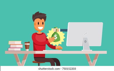 Freelance Employee Is Getting Paid Online. Internet Casino Gambling Game Winner Gets Bag Of Money With Dollar Sign Vector Art Design Illustration