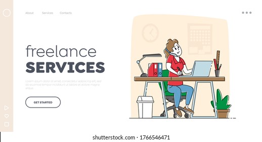 Freelance Employee Landing Page Template. Office Worker Busy Business Woman or Freelancer Character Working on Laptop Sitting at Table Workplace Talking by Mobile Phone. Linear Vector Illustration