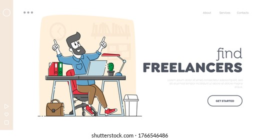 Freelance Employee, Office Employee Working Activity Landing Page Template. Relaxed Business Man or Freelancer Character Working on Laptop Sitting at Desk Thinking of Task. Linear Vector Illustration