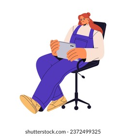 Freelance employee sitting on chair, hold tablet in hand. Student study using modern technology. Woman work remote. Girl watching movie on device. Flat isolated vector illustration on white background