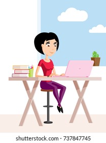 Freelance Employee Woman Character Working from Home Day Job Vector
