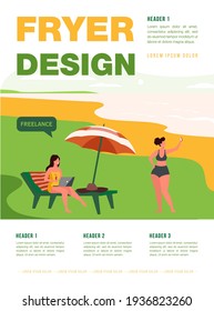 Freelance employee working on vacation. Freelancer using laptop on ocean or beach. Flat vector illustration. Summer holidays, leisure on beach concept for banner, website design or landing web page