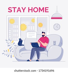 A freelance employee works at home at a quiet pace, at a convenient time. Character young modern man sitting on a sofa working or talking on a laptop in a comfortable environment. At home during quara