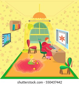 Freelance Female Designer in the Cozy Home Room and her Baby Daughter Playing on the Carpet. Illustration of Womens Freelance Lifestyle. Vector EPS 10