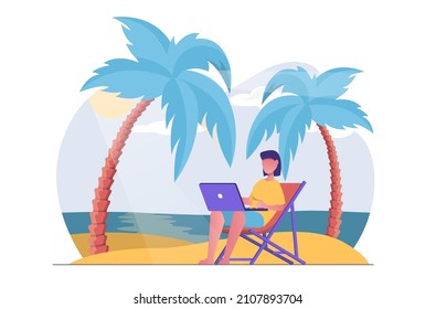 Freelance. Female Freelancer On The Beach Working On A Laptop