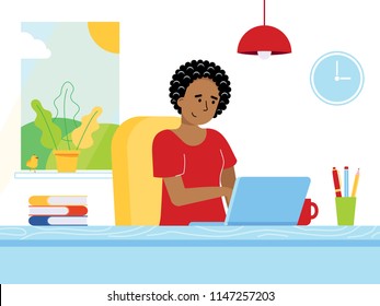 Freelance female girl businesswoman relaxing working on laptop at the home office. Woman, notebook, desk, books, pen, pencil, lamp, cup of coffee, window, clock flat style vector illustration isolated