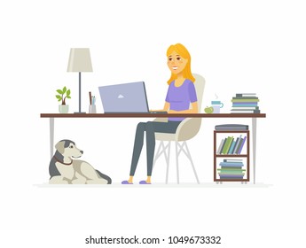 Freelance female worker - cartoon people character isolated illustration on white background. A smiling woman in slippers sitting at the notebook, working at home, drinking coffee, a dog at her feet