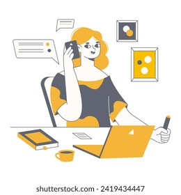 Freelance female worker. Distant creative designer or illustrator talking on phone, remote working with computer flat vector illustration. Office person work from home