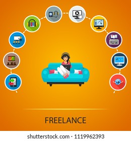 Freelance flat icons concept. Vector illustration. Element template for design.