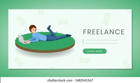 Freelance flat landing page vector template. Remote job,  distance work website, webpage green design concept with buttons. Freelancer woman working with laptop on grass color cartoon character