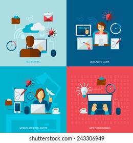 Freelance flat set with networking designer work web programming workplace isolated vector illustration