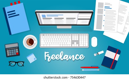 Freelance flat style illustration with computer, papers, notebook, calculator, coffee cup. Design template for business and education
