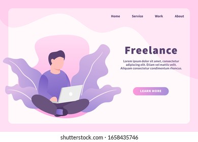 freelance with freelancer concept with man cross legged use laptop for website template or landing homepage
