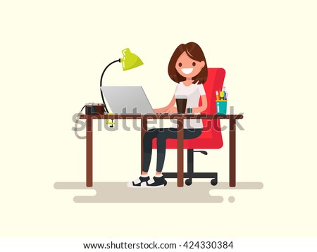 Freelance. The girl the designer or photographer behind a desktop. Vector illustration of a flat design