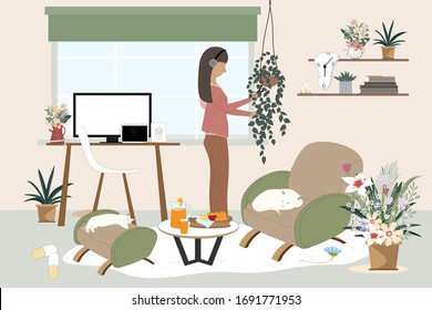 Freelance Girl gardening indoor houseplant in living room,Business woman relaxing with her pets and decorating house after finished her work on computer, working at home, Social distancing