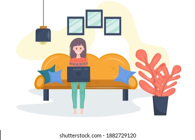 Freelance girl with laptop on sofa with cartoon style pillows on white background. A woman is sitting at home with a laptop in her clothes, next to a large flower.