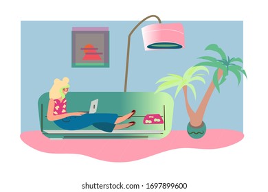 Chica independiente en SOFA.trabajando en computadora, estilo plano