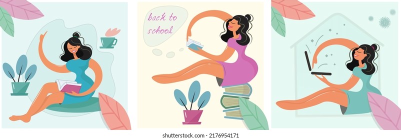 Freelance girl set. A happy and active brunette works and studies at home or in the office. Reads books, works at a computer. Back to school vector illustration for start of school, book day.