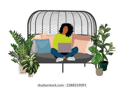 Freelance girl sitting on comfortable day bad, sofa, working on laptop. Comfortable work place on terrace, patio with pillows, potted plants. Remote work, online learning concept. Vector illustration.