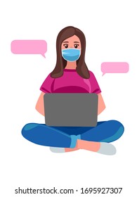 Freelance girl, sitting and working at home Wearing a mask to protect yourself from coronary virus covid-19