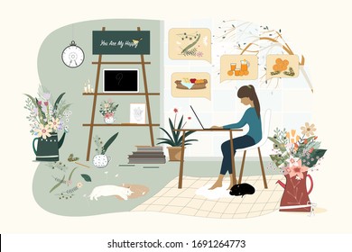 Freelance Girl using laptop ordering essential on shop online,Woman sitting in office work space and searching information on internet for decoration house, working at home,Social distancing, Vector 